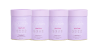 Four pastel purple collagen supplement containers, aligned side by side, promoting beauty and wellness.