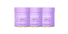 Three purple collagen supplement containers with white lids, labeled "Collagen Types I & III," focused on beauty and wellness.