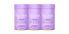 Three purple collagen supplement containers with bold white text, promoting beauty and wellness benefits.