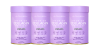 Four lavender collagen supplement containers lined up, promoting beauty and wellness benefits. Modern and clean design.