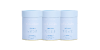 Three light blue containers of collagen supplements with minimalist design, aligned in a row, promoting beauty and wellness.