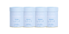Four light blue collagen supplement jars aligned in a row, featuring the word "Collagen" prominently.