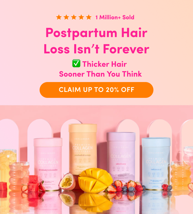 Colorful collagen supplement jars and gummy bottles are displayed with fruit, including a sliced mango, in front of a pink background. Text promotes postpartum hair recovery and a discount offer.
