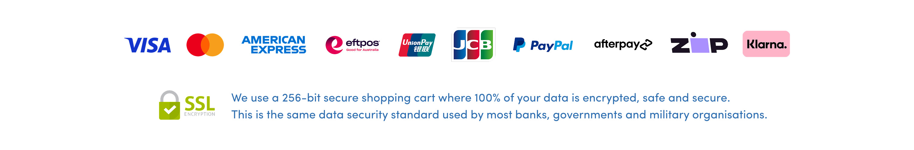 A row of payment method logos, including Visa, Mastercard, American Express, eftpos, JCB, PayPal, Afterpay, Zip, and Klarna. Below is an SSL icon and text about secure, encrypted, 256-bit shopping cart data.