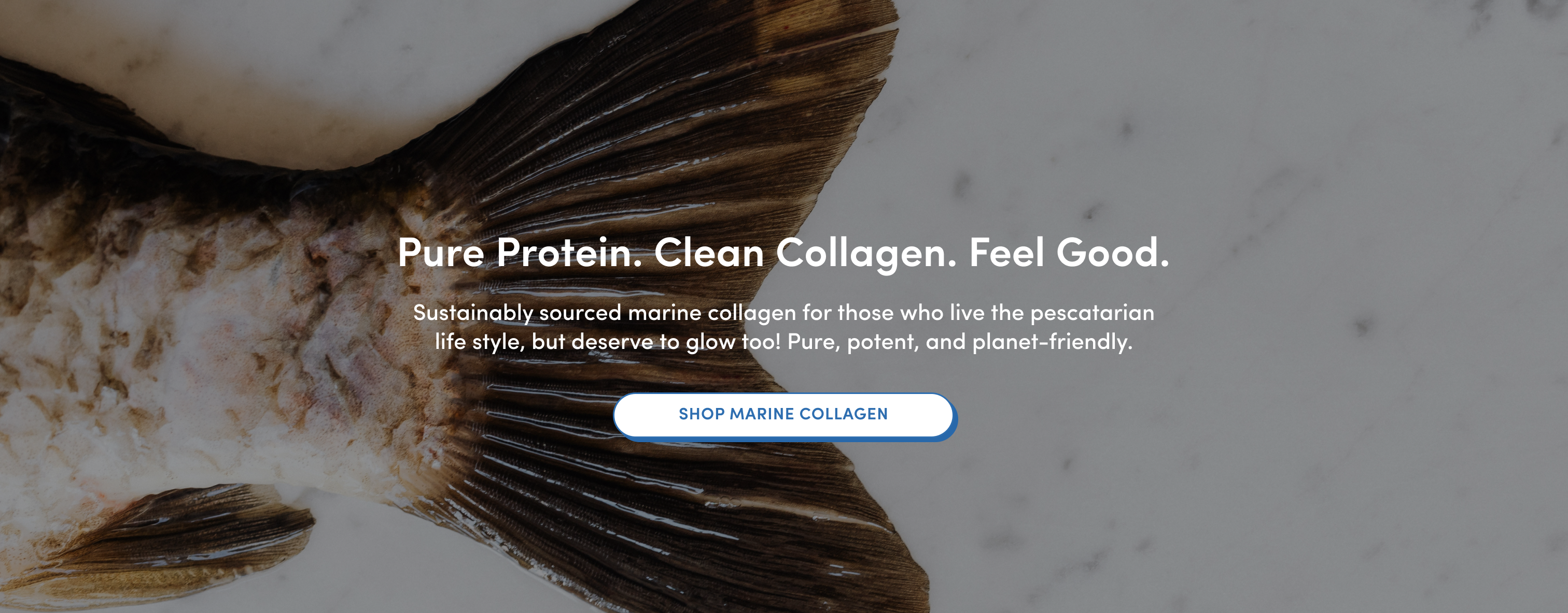 A fish tail on a marble surface with text promoting pure, sustainably sourced marine collagen for pescatarian lifestyles. A button reads Shop Marine Collagen.