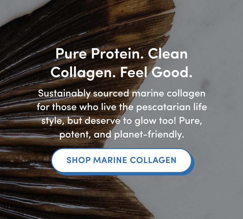 A dark fish fin background with white text promoting sustainably sourced marine collagen for pescatarians, highlighting purity and eco-friendliness. Blue button says Shop Marine Collagen.