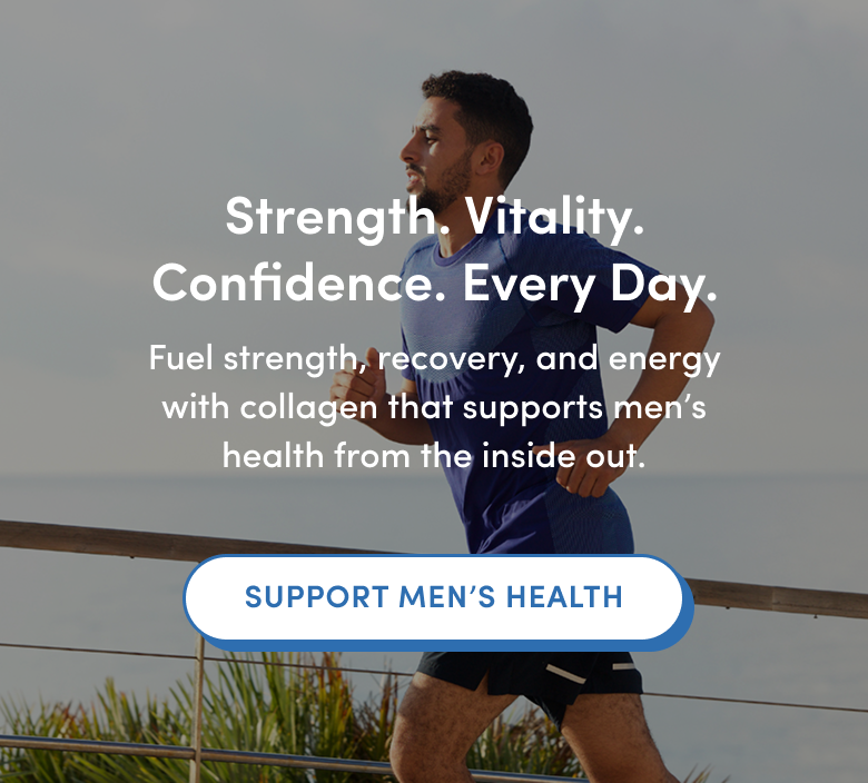 A man in athletic wear jogs outdoors by the ocean under clear skies. Overlaid text promotes collagen for men’s strength, recovery, and energy. A button below reads: Support Mens Health.