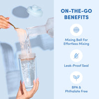 A hand pours powder into water using The Collagen Co. Collagen Protein Shaker - 600ml with its lid nearby; the BPA- & phthalate-free shaker features a leak-proof seal and mixing ball for easy blending.
