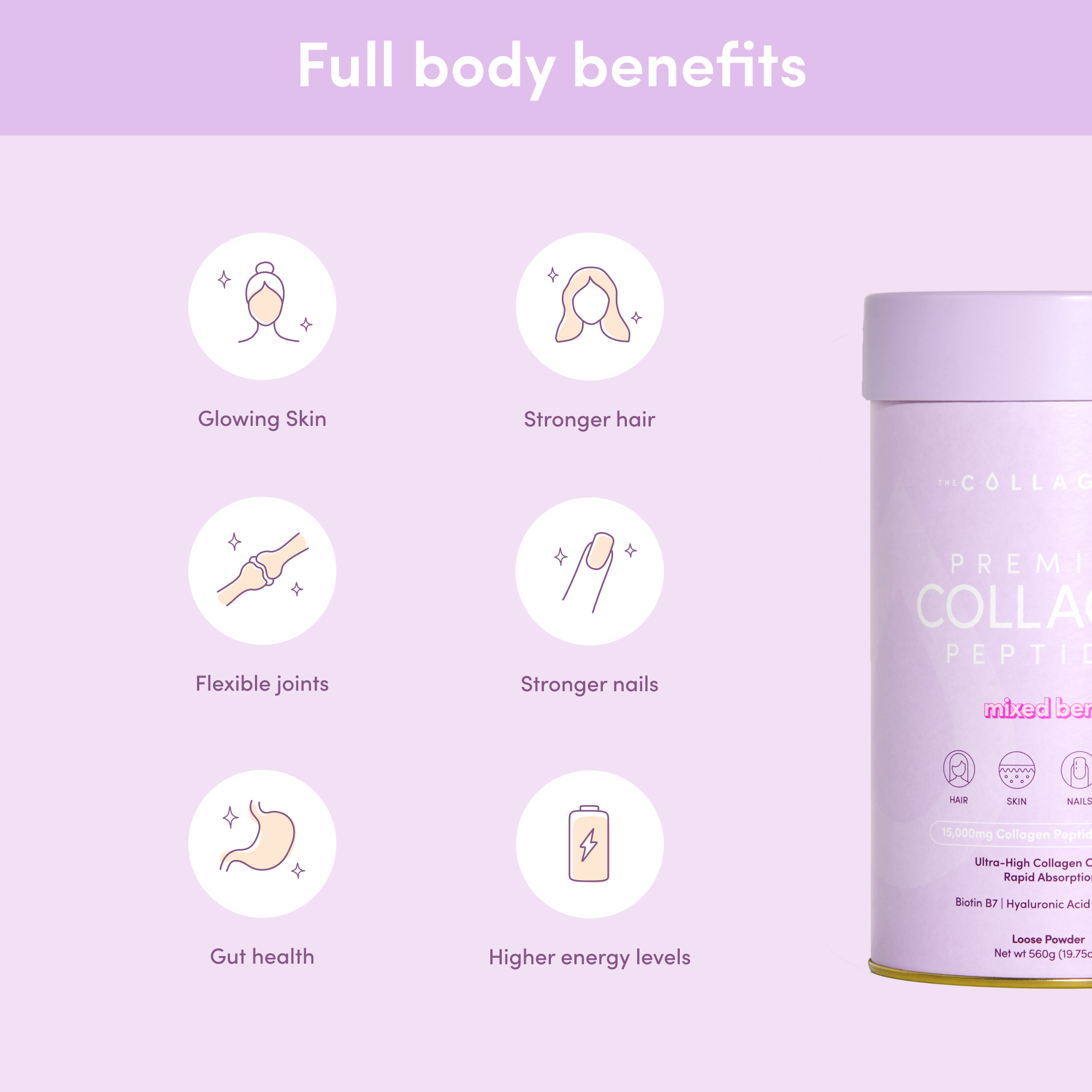 Purple-themed collagen supplement poster highlighting benefits: glowing skin, stronger hair and nails, flexible joints, gut health, and increased energy.