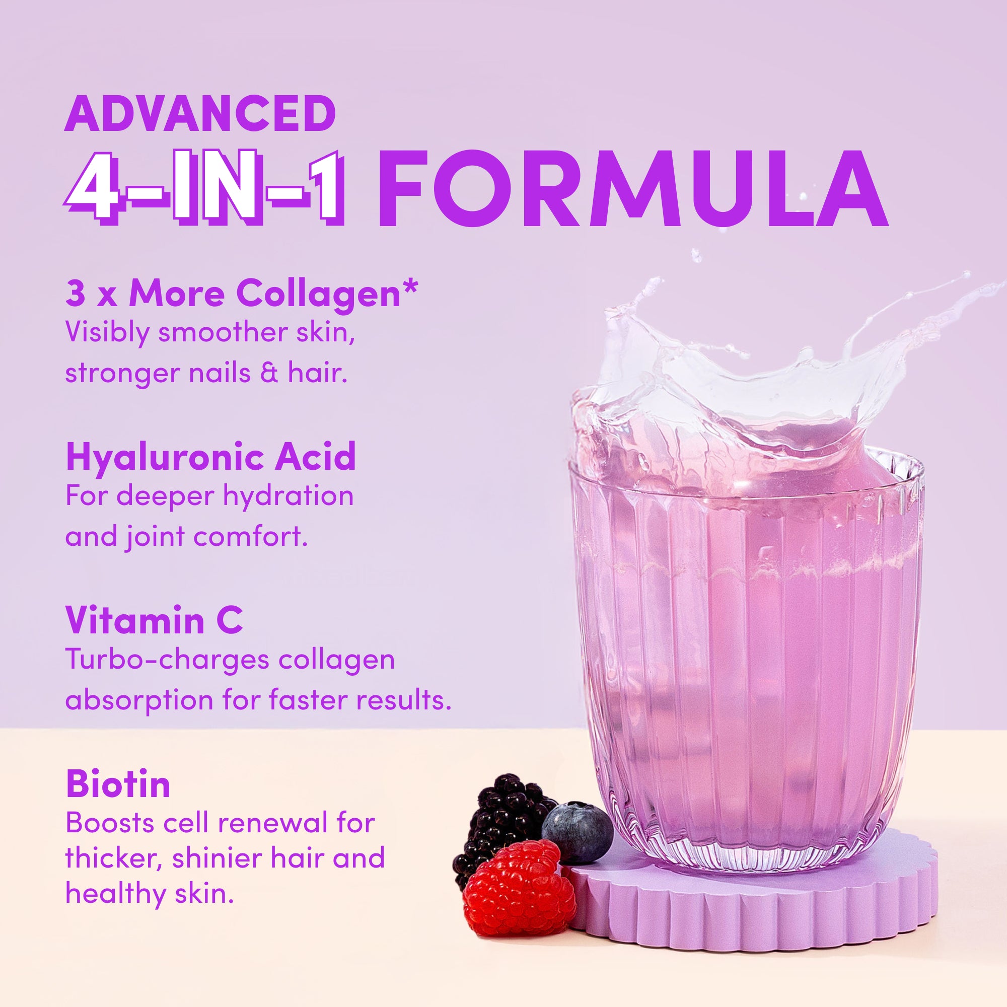A glass of pink liquid splashes by blackberries and raspberries on a purple coaster. "The Collagen Co. Mixed Berry Collagen Powder (560g)" features a 4-in-1 formula: collagen peptides, hyaluronic acid, vitamin C, and biotin.