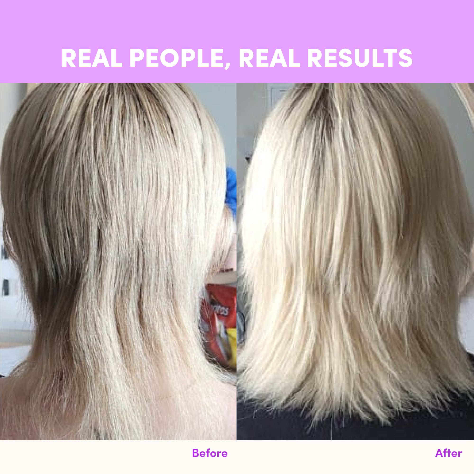 Before and after photos show the back of a blonde head: thinner, uneven hair before; fuller, healthier hair after using The Collagen Co. Mixed Berry Collagen Powder 560g. Text: REAL PEOPLE, REAL RESULTS.