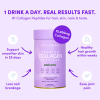 A 560g container of thecollagen.co Purple Grape Collagen Powder is centered on a light purple background. Text highlights 15,000mg hydrolysed bovine collagen for smoother skin, healthy hair, reduced nail breakage, and joint pain relief.