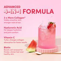 A ridged glass holds a pink drink with strawberries and ice, next to a watermelon slice. Text highlights thecollagen.co’s Strawberry Watermelon Collagen Powder—4-in-1: hydrolysed bovine collagen, hyaluronic acid, vitamin C & biotin.