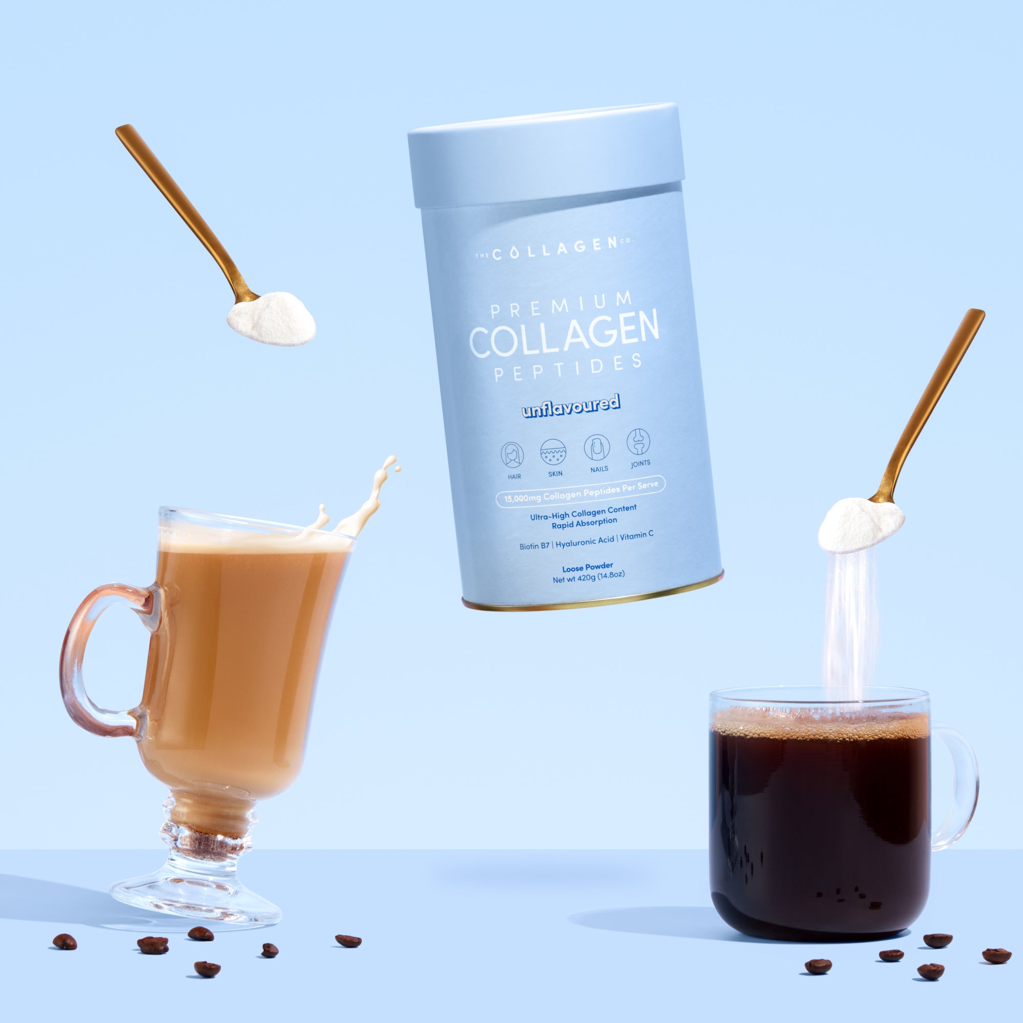 A 420g tub of thecollagen.co Unflavored Collagen Powder is shown with gold spoons adding white powder to two coffees—one black, one with milk—against a blue background scattered with coffee beans for an anti-ageing boost.