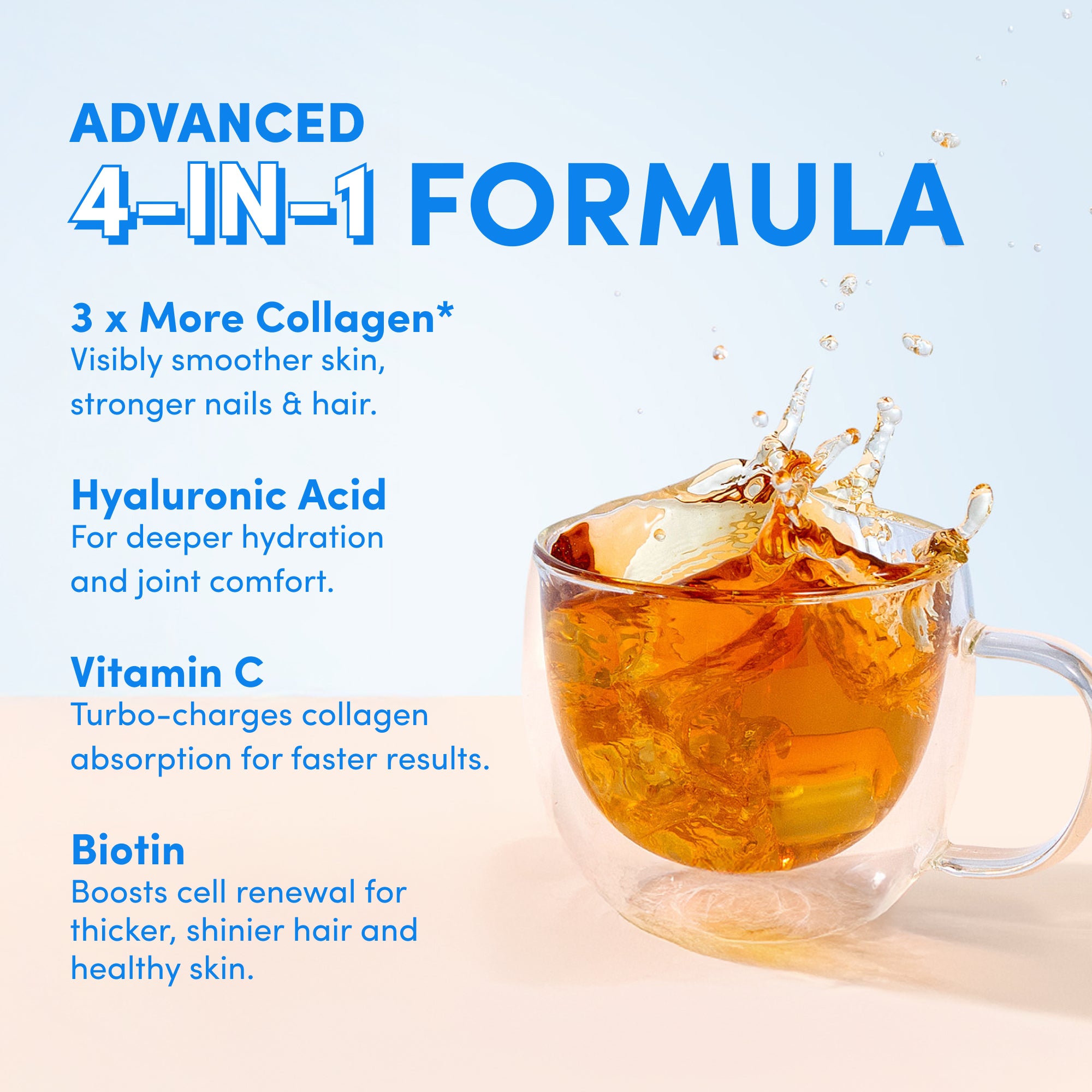 A glass of tea splashes on a blue surface. thecollagen.co’s Unflavored Collagen Sachets (210g) feature an Advanced 4-in-1 Formula with hydrolysed bovine collagen, hyaluronic acid, vitamin C, and biotin for hair, skin, nails & joints.