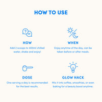 Infographic titled How to Use: Add 2 scoops of Unflavored Collagen Sachets by thecollagen.co to 400ml water. Enjoy any time, once daily. Glow hack: mix into coffee, smoothies, or baking for healthy hair, skin & nails.