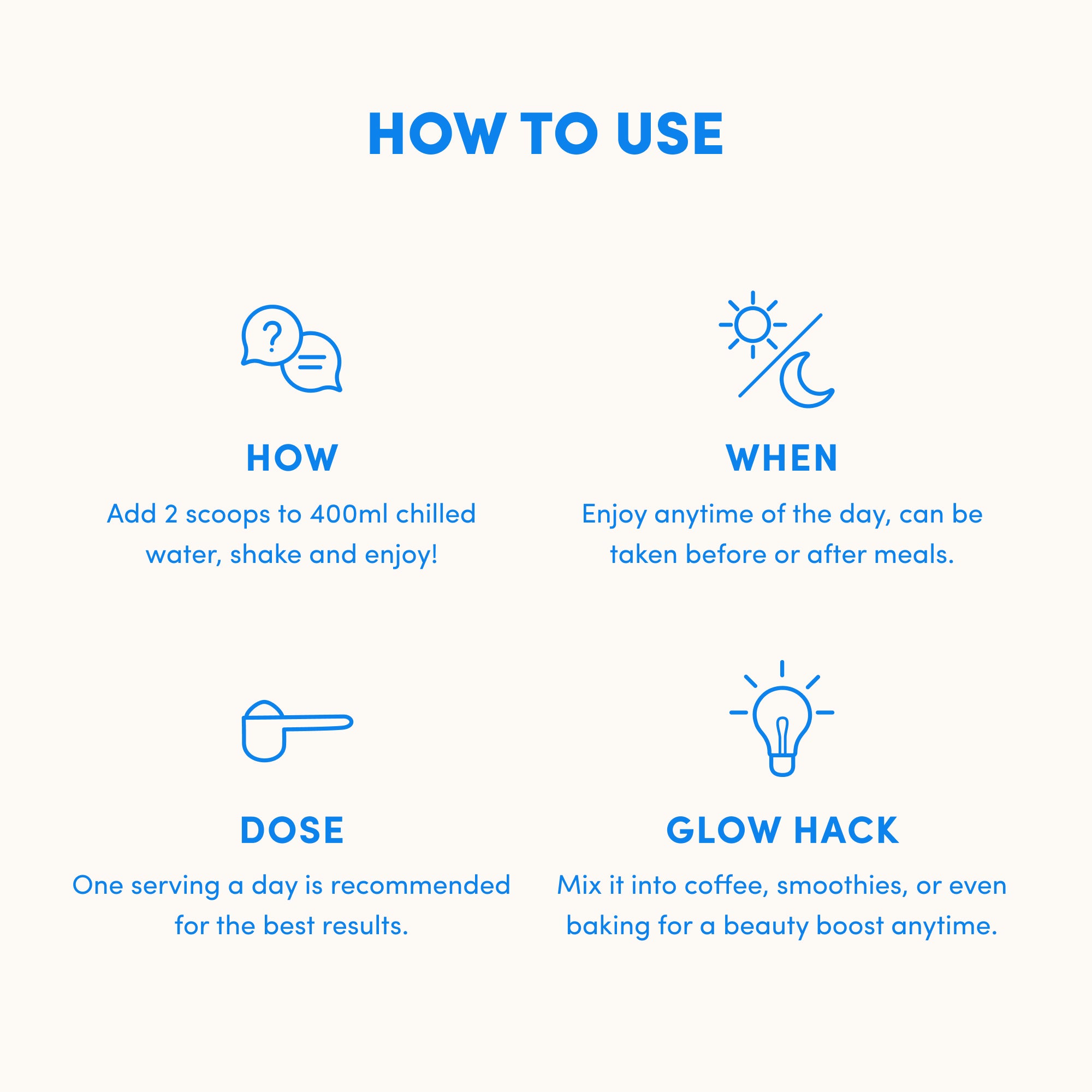 Infographic titled How to Use: Add 2 scoops of Unflavored Collagen Sachets by thecollagen.co to 400ml water. Enjoy any time, once daily. Glow hack: mix into coffee, smoothies, or baking for healthy hair, skin & nails.