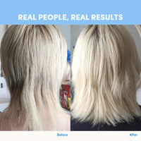 Side-by-side photos show a person's blonde hair before and after using thecollagen.co Unflavored Collagen Sachets - 210g, with post-use hair looking visibly fuller and healthier. Text: Real People, Real Results.