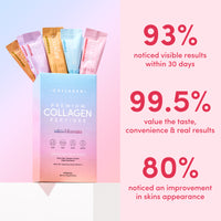 A pastel-colored box of thecollagen.co Mixed Flavors Collagen Sachets (270g) features hydrolysed bovine collagen powder. 93% saw results in 30 days and 80% noticed improved skin and anti-ageing benefits.