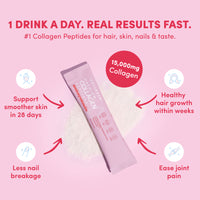 Thecollagen.co Mixed Flavors Collagen Sachets (270g) on light pink background, with icons for anti-ageing, smoother skin, stronger nails, healthy hair, and joint support. Text highlights “1 drink a day” and “15,000 mg collagen.”.