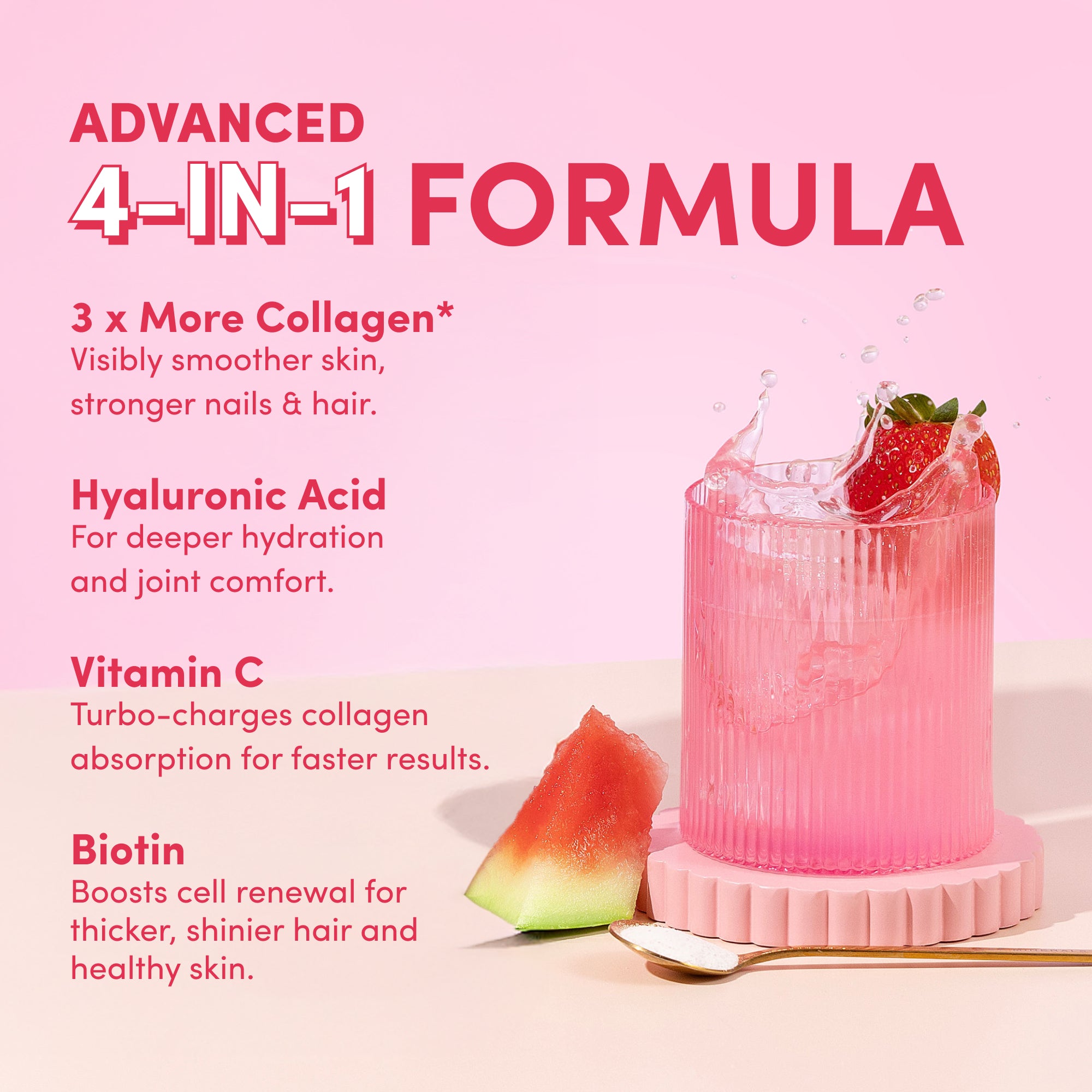 A pink drink in a textured glass sits on a pink coaster with watermelon nearby. thecollagen.co’s Mixed Flavors Collagen Sachets blend collagen peptides, hyaluronic acid, vitamin C, and biotin for anti-ageing benefits.