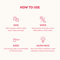 An instructional graphic for thecollagen.co Mixed Flavors Collagen Sachets - 270g shows: add 2 scoops to 400ml water and shake, enjoy anytime, one serving per day, or mix into drinks or baking. Each step is illustrated with icons.