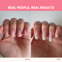 A hand in the before photo has short, natural nails; in the after photo, the nails are noticeably longer and healthier. Text: REAL PEOPLE, REAL RESULTS with Mixed Flavors Collagen Sachets - 270g from thecollagen.co.