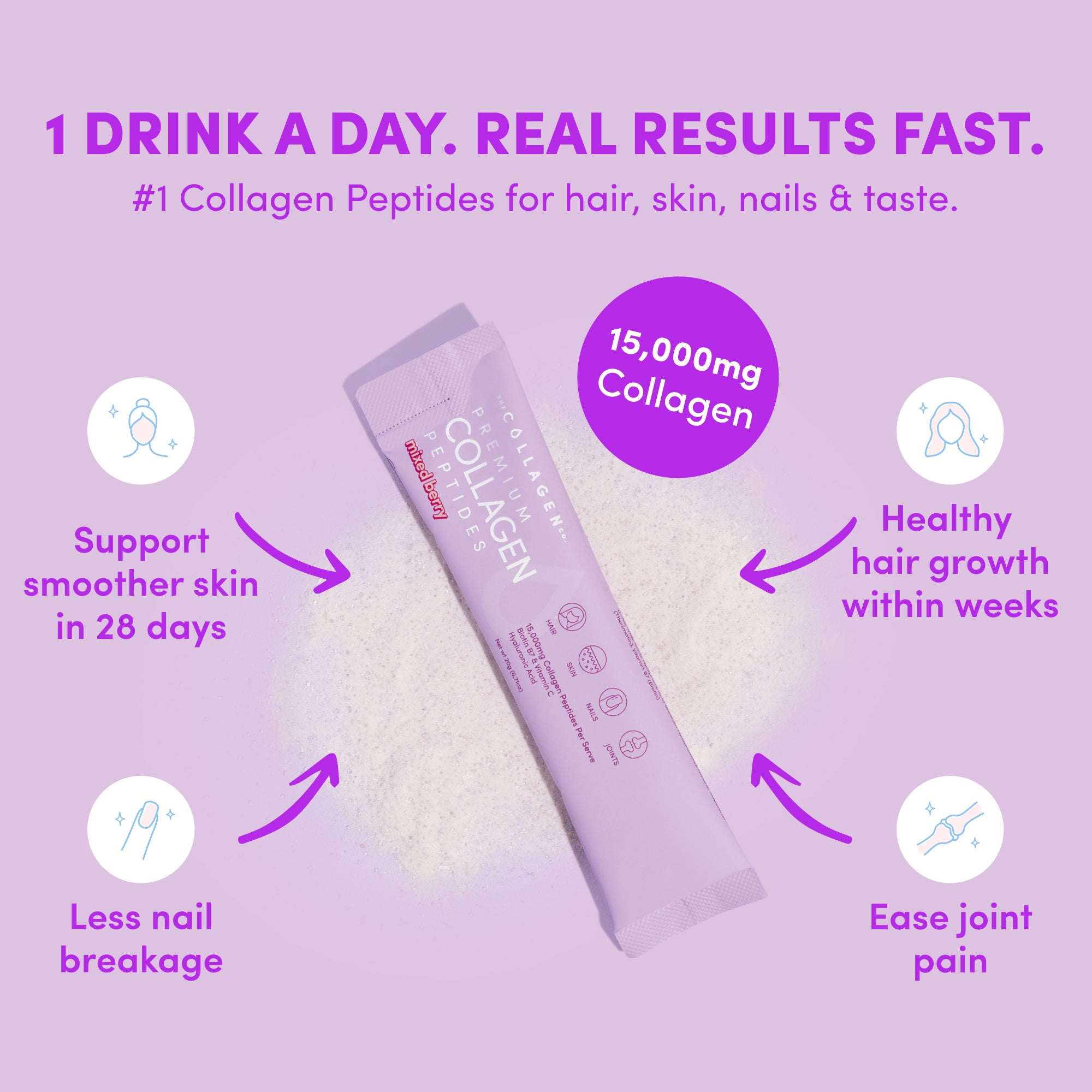 A sachet of The Collagen Co. Mixed Berry Collagen - 1 drink a day for real results. #1 collagen peptides for hair, skin, nails & taste; supports smoother skin, healthy hair, strong nails & joint comfort.