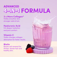 A glass of pink liquid splashes beside blackberries and raspberries, showcasing The Collagen Co. Mixed Berry Collagen Sachets’ 4-in-1 anti-ageing formula with hydrolysed bovine collagen, hyaluronic acid, vitamin C, and biotin.
