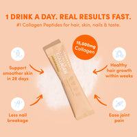 A Passionfruit Mango Collagen Sachet by thecollagen.co sits on a peach background, with text and icons featuring 15,000mg hydrolysed bovine collagen powder for smoother skin, healthier hair, stronger nails, joint support, and overall wellness.
