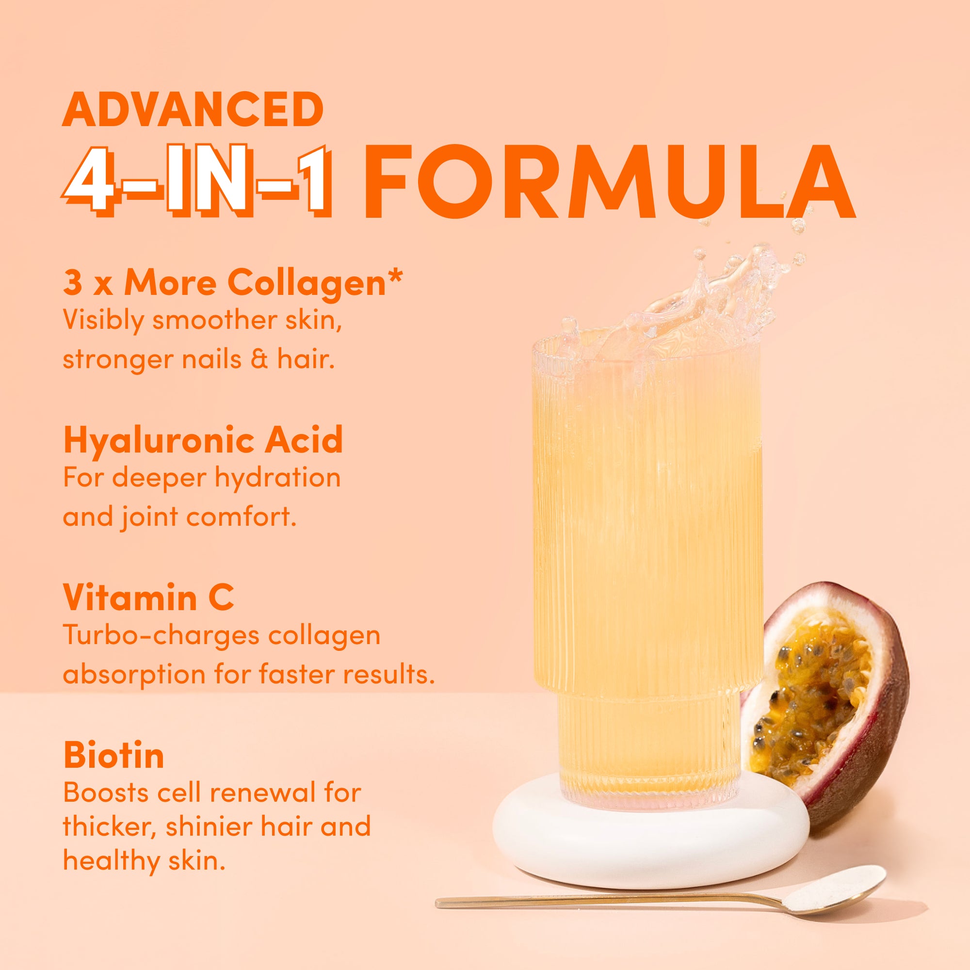 A glass of fizzy orange drink sits by halved passion fruit and a spoon. thecollagen.co’s Passionfruit Mango Collagen Sachets offer a 4-in-1 formula with Collagen Peptides, hyaluronic acid, vitamin C & biotin for Beauty & Wellness.