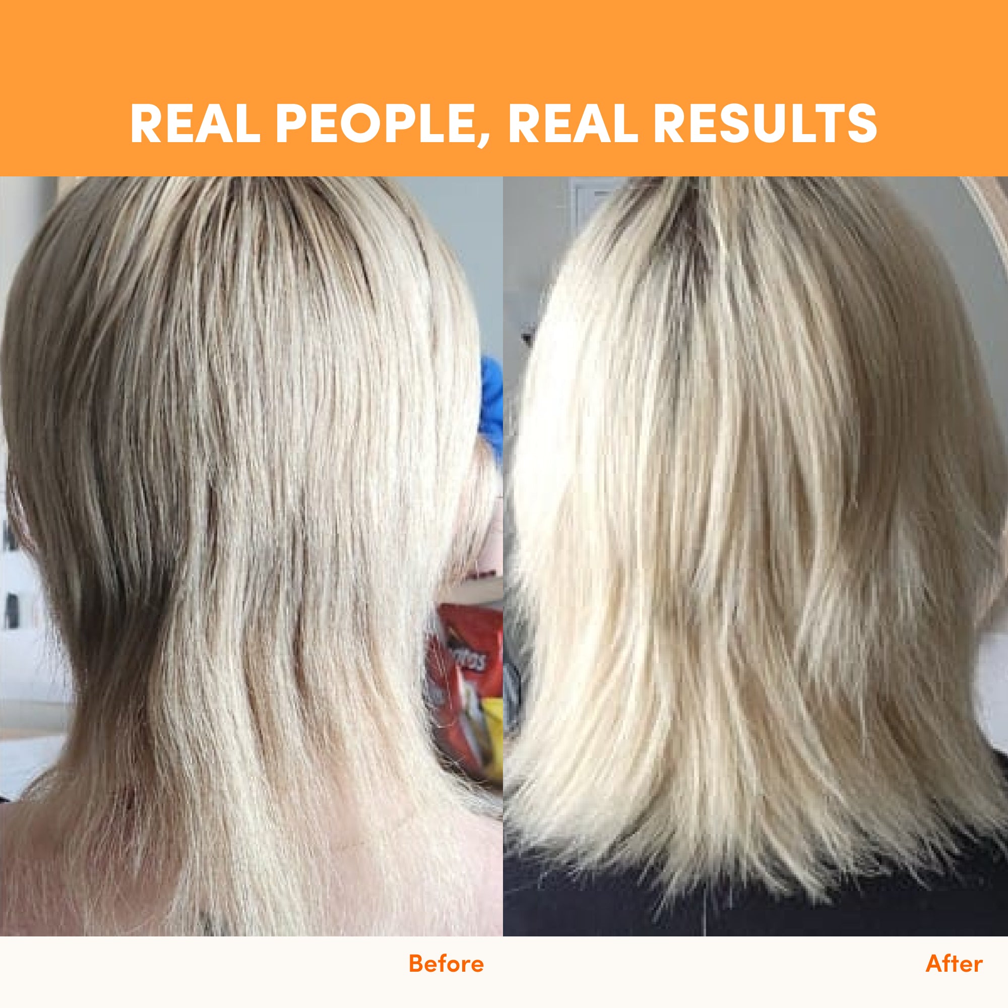 Side-by-side photos of the back of a person’s head with short blonde hair show a visible transformation—thin, uneven hair on the left and thicker, fuller hair on the right after using thecollagen.co Passionfruit Mango Collagen Sachets. Text: “REAL PEOPLE, REAL RESULTS.”.