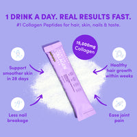 A sachet of The Collagen Co USA Purple Grape Collagen Sachets – 280g, with white powder spilled beside it. Text highlights smoother skin, healthy hair growth, less nail breakage, joint pain relief, and 15,000mg collagen. Light purple background.