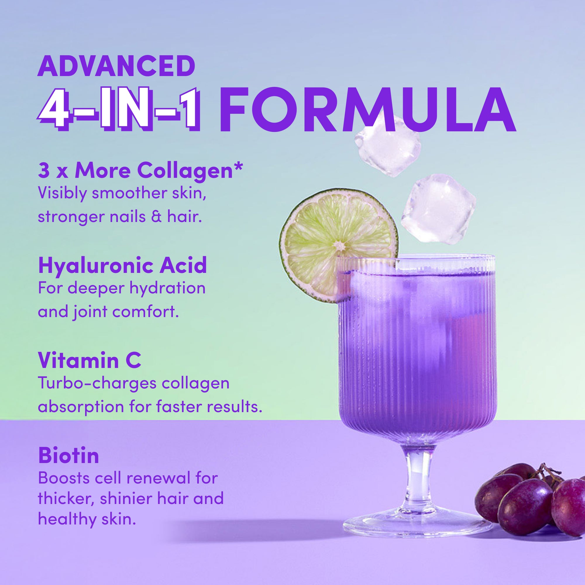 A glass of purple drink with ice and lime sits among grapes, highlighting The Collagen Co USA's Purple Grape Collagen Sachets - 280g: an advanced 4-in-1 formula with Hydrolysed Bovine Collagen, Hyaluronic Acid, Vitamin C, and Biotin.