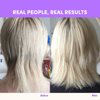 Real People, Real Results: Side-by-side comparison of the back of blonde hair. Before shows thin, uneven hair; After using The Collagen Co USA Purple Grape Collagen Sachets reveals thicker, fuller, more even hair.