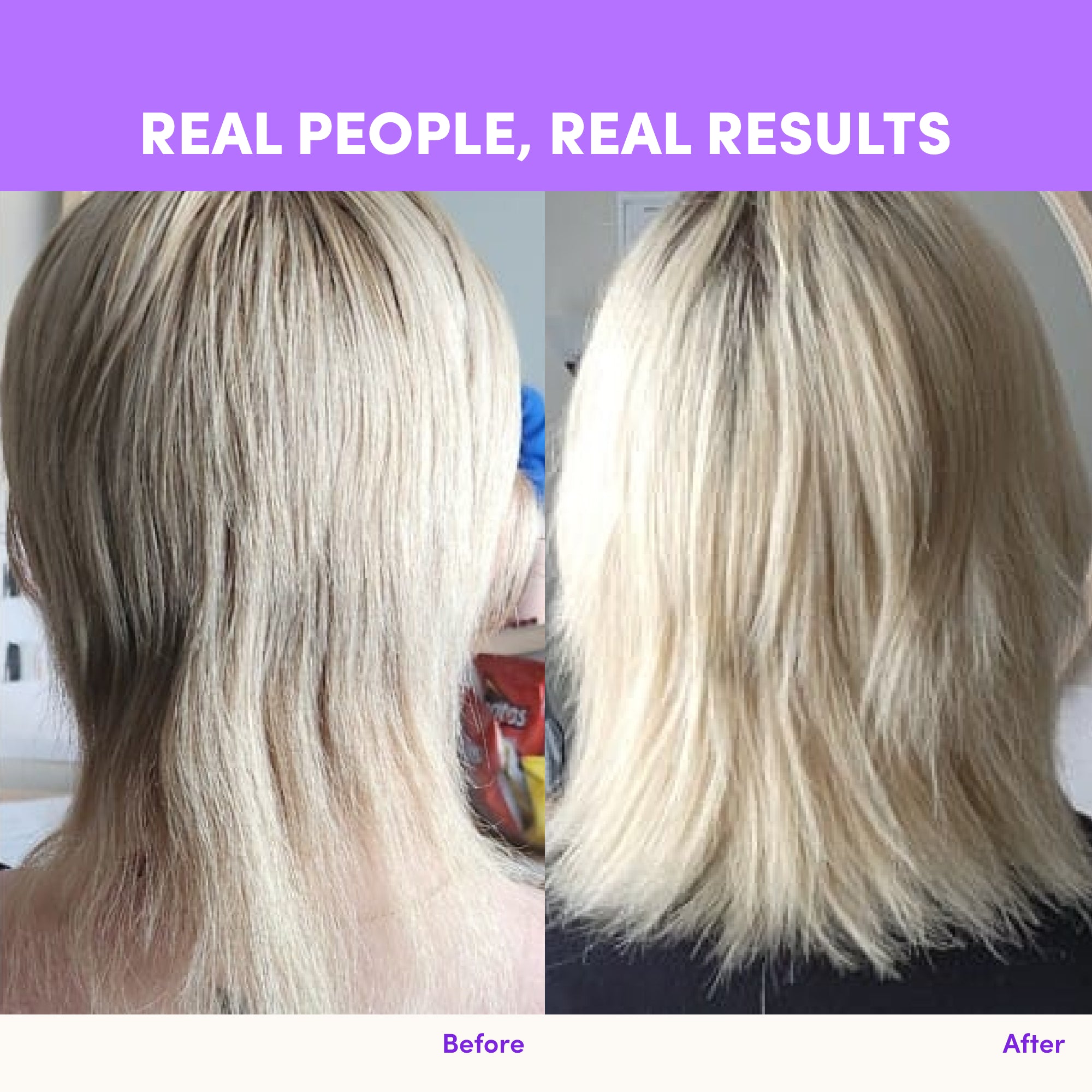 Real People, Real Results: Side-by-side comparison of the back of blonde hair. Before shows thin, uneven hair; After using The Collagen Co USA Purple Grape Collagen Sachets reveals thicker, fuller, more even hair.