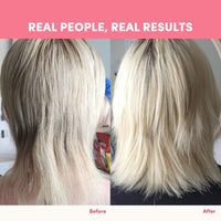 Before and after comparison of the back of a person's blonde hair. Before: thinner, uneven hair. After: fuller, smoother results with The Collagen Co. Gut Feelings Beauty Bundle. Text reads REAL PEOPLE, REAL RESULTS.