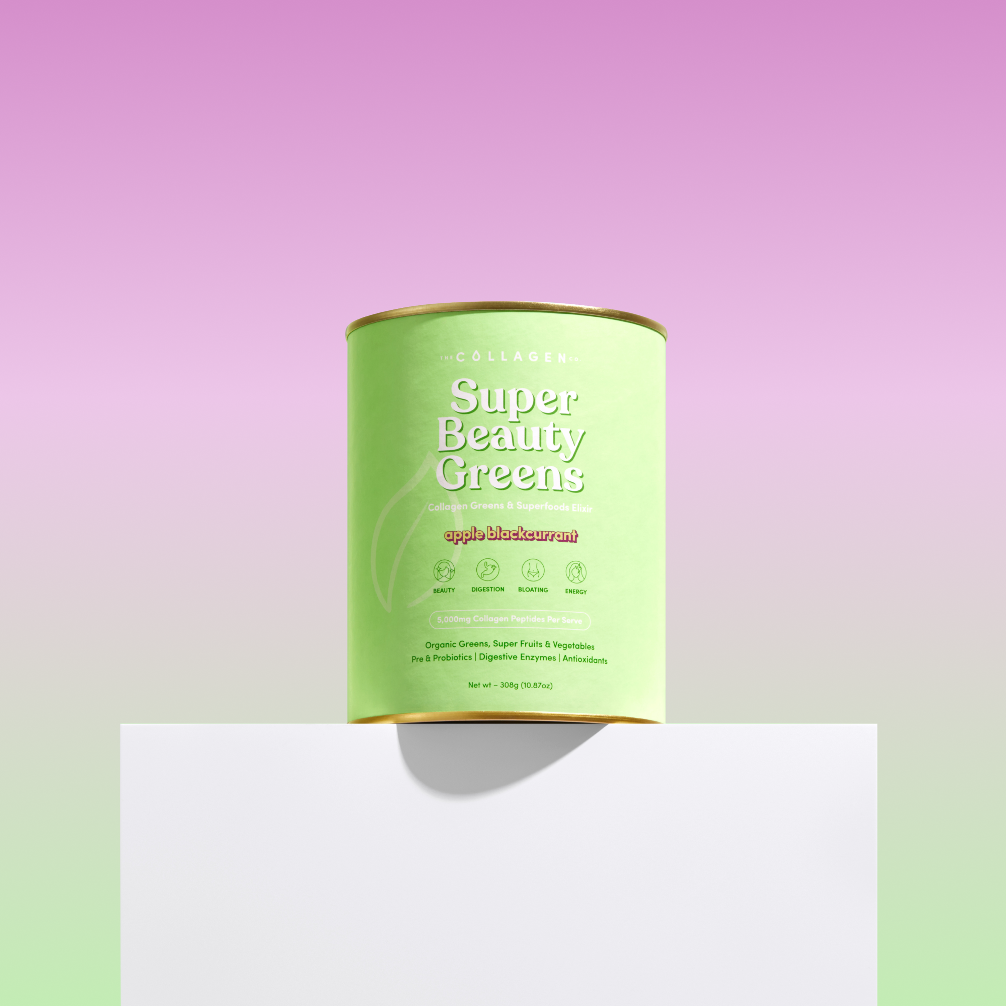 Green container labeled "Super Beauty Greens" with collagen, set against a pastel pink and green background. Focus on beauty supplements.