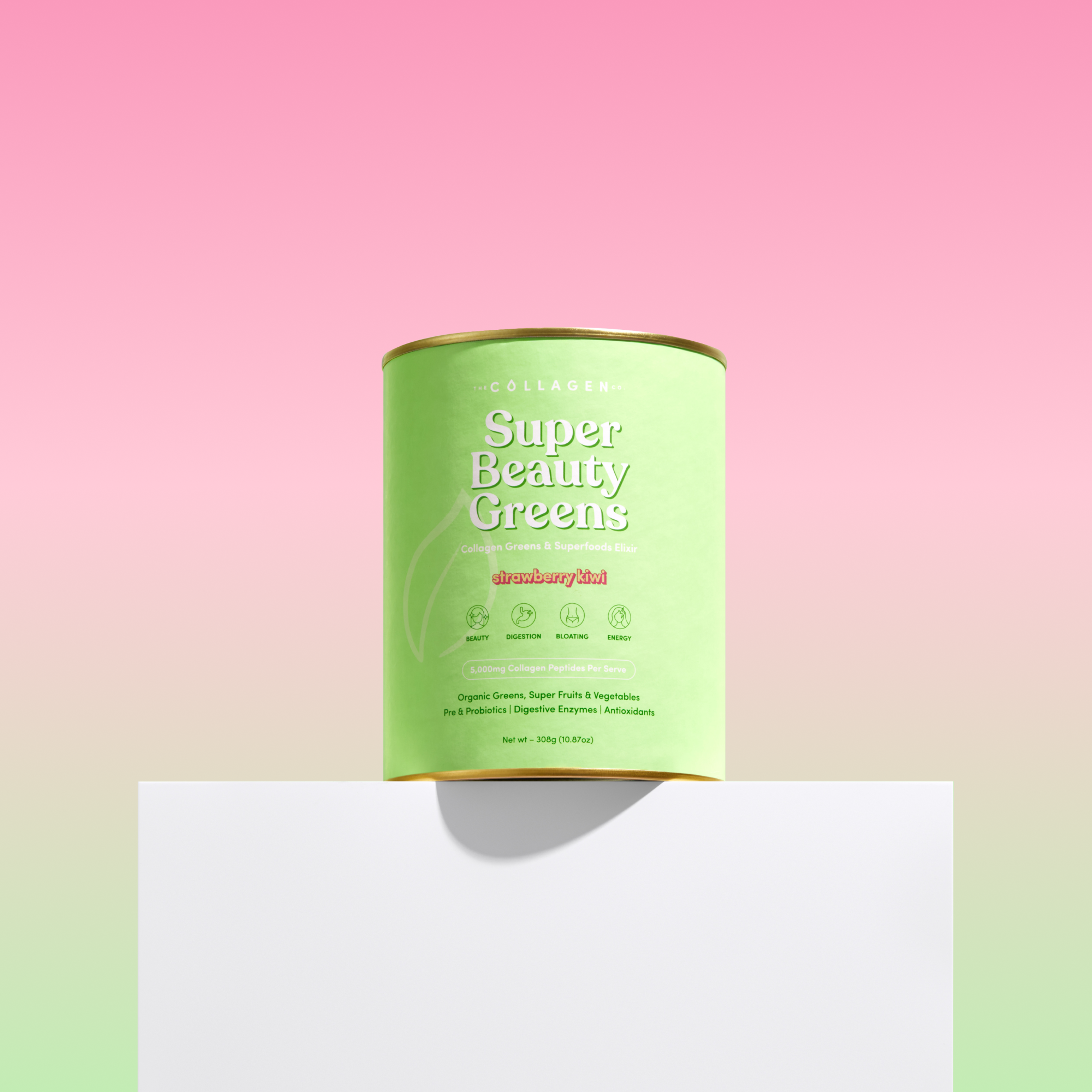 Green collagen container labeled "Super Beauty Greens" on a pastel pink and green gradient background, emphasizing beauty supplements.