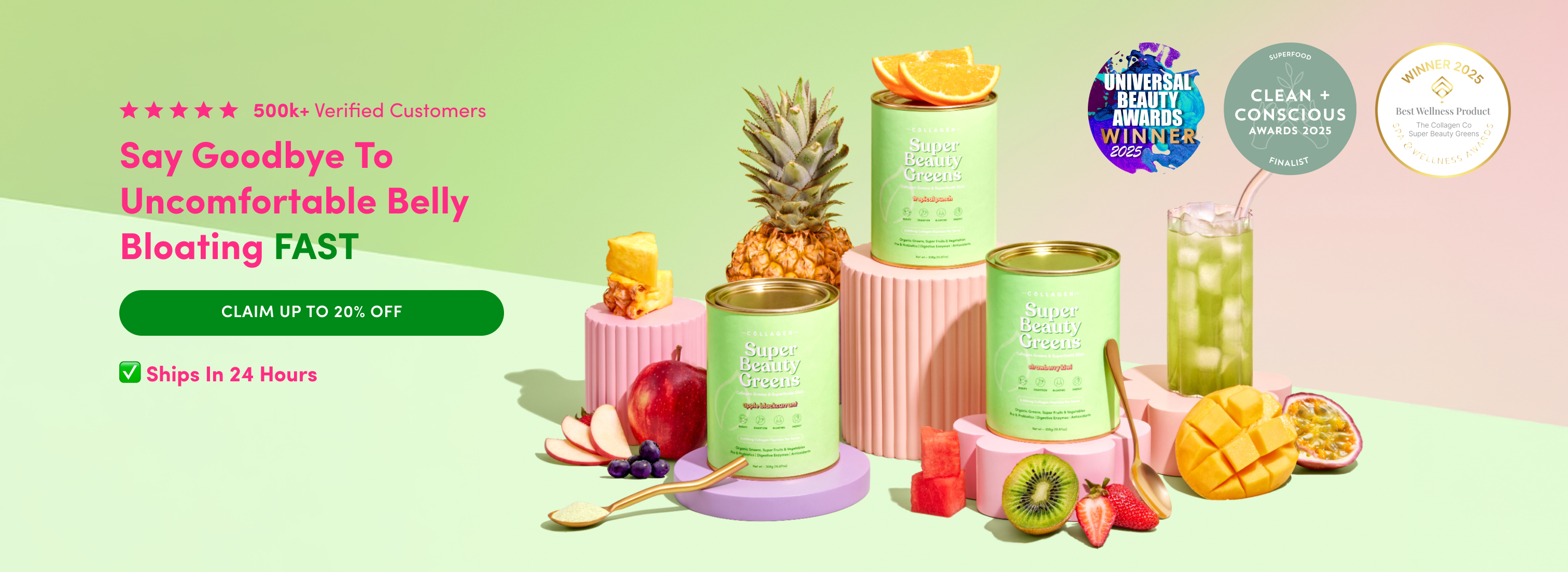 Colorful ad for Super Beauty Greens powder features fruit like pineapple, mango, and kiwi arranged around product cans, with customer reviews, award badges, and a green “Claim Up To 20% Off” button on a pastel background.