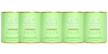 Six light green soda cans with minimalistic design are arranged in a row side by side against a white background. The cans appear identical and have no visible branding or detailed labels.