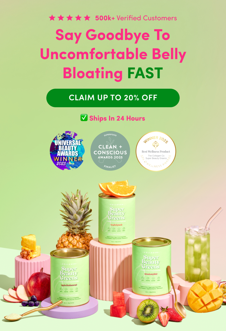 Three cans of Super Greens powder are surrounded by fresh fruits like pineapple, kiwi, and apple. Awards and a green “Claim up to 20% off” button are featured, promoting belly bloating relief and fast shipping.