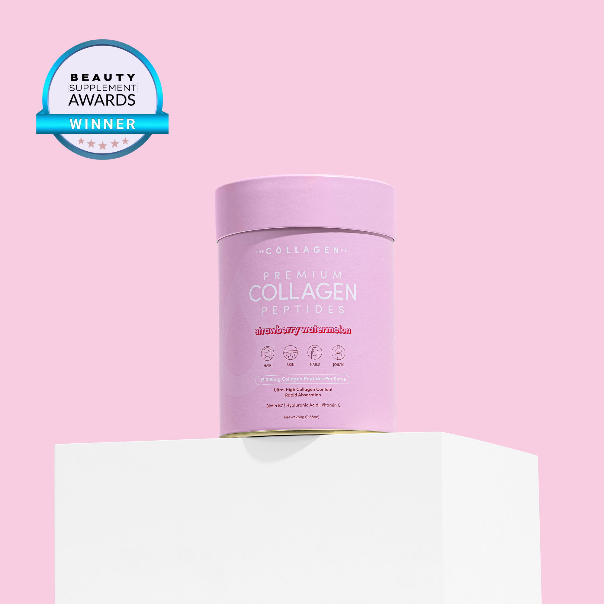 Pink collagen container labeled "Premium Collagen Peptides" on a white pedestal, with a "Beauty Supplement Awards Winner" badge. Light pink background.