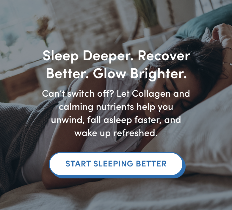 A woman sleeps peacefully in bed, partly covered by a blanket. Text overlay promotes collagen and calming nutrients for better, deeper sleep and a refreshed feeling. A blue button reads, Start Sleeping Better.