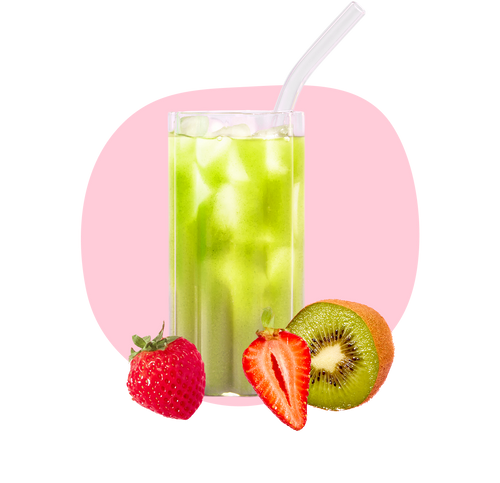 A glass of green juice with ice and a straw, placed in front of a whole strawberry, a sliced strawberry, and a halved kiwi, all set against a light pink background shape.