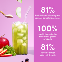 A glass of green juice with ice and a clear straw is surrounded by apple slices, kale, and a wooden spoon. Pink text highlights the benefits and great taste of The Collagen Co USA’s Apple Blackcurrant Super Beauty Greens - 308g.