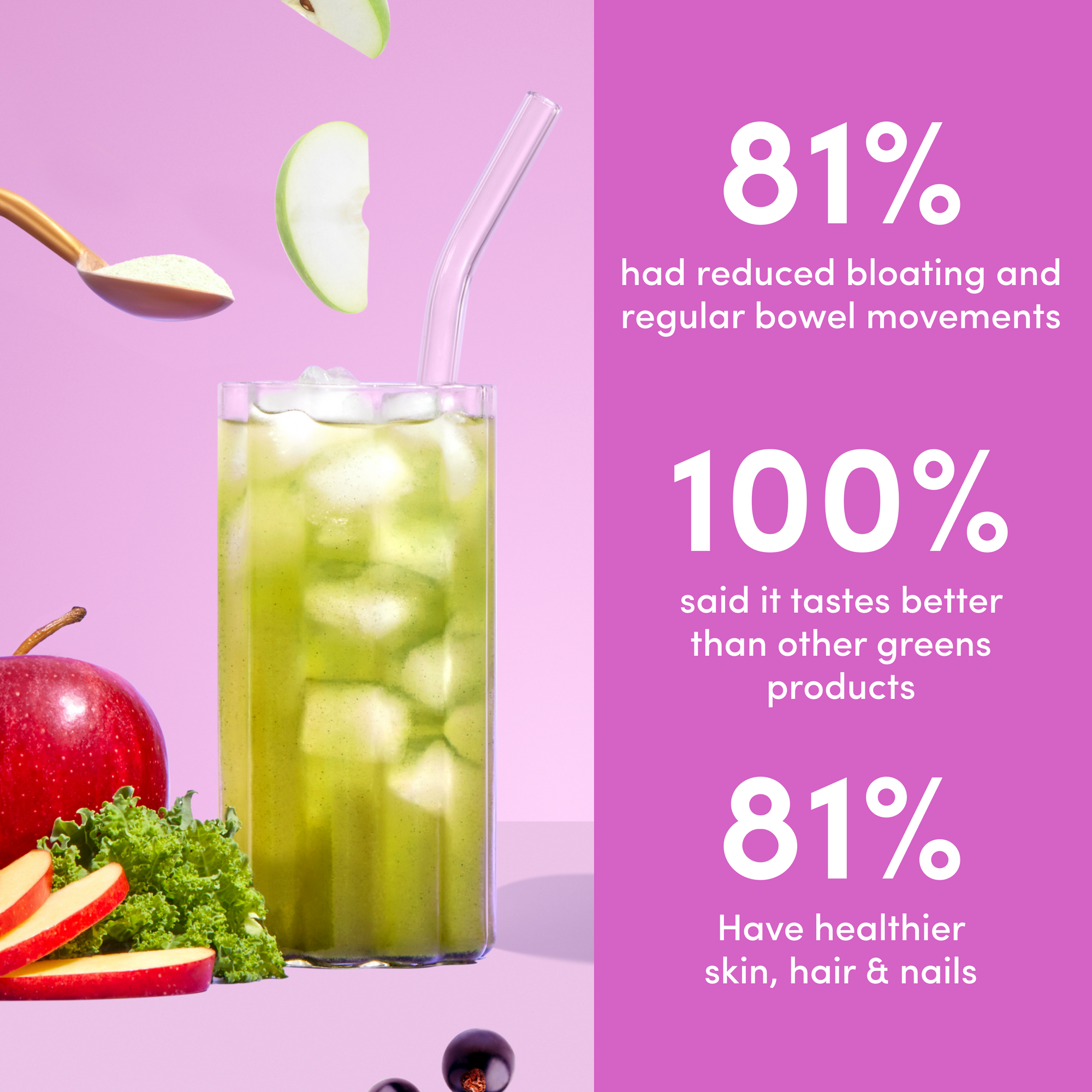 A glass of green juice with ice and a clear straw is surrounded by apple slices, kale, and a wooden spoon. Pink text highlights the benefits and great taste of The Collagen Co USA’s Apple Blackcurrant Super Beauty Greens - 308g.