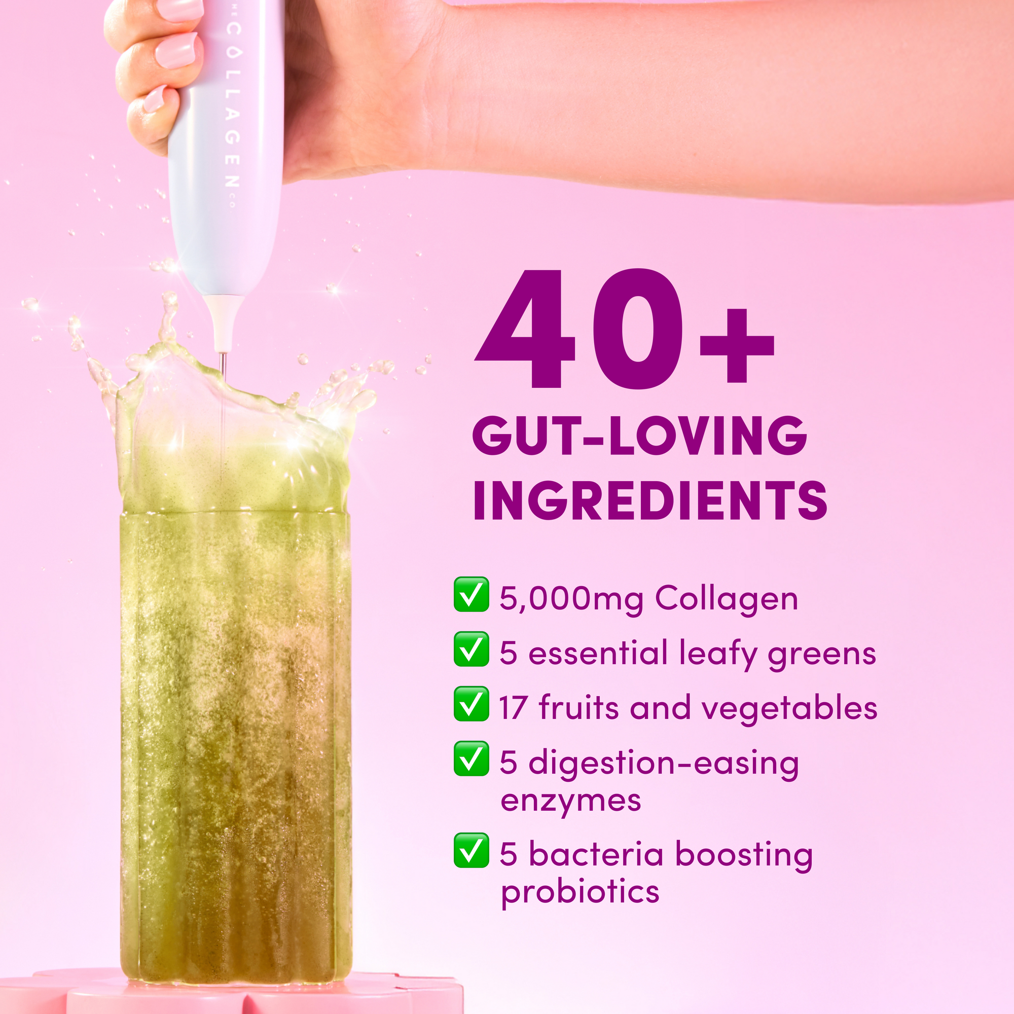 A hand holds a pink blender above a tall glass of green juice. Text highlights Apple Blackcurrant Super Beauty Greens by The Collagen Co USA: 40+ gut-loving ingredients with collagen peptides, leafy greens, fruits, veggies, enzymes & probiotics.