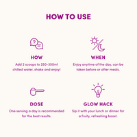 Infographic titled How to Use Apple Blackcurrant Super Beauty Greens by The Collagen Co USA: Add 2 scoops to 250–350ml water and shake. Enjoy once daily, anytime before or after meals. Glow hack: sip with lunch or dinner for a boost.