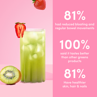A glass of green juice with ice and a strawberry garnish sits by sliced kiwi on pink, highlighting The Collagen Co USA's Strawberry Kiwi Super Beauty Greens - 308g for reduced bloating, enhanced taste, and healthier skin, hair, and nails.